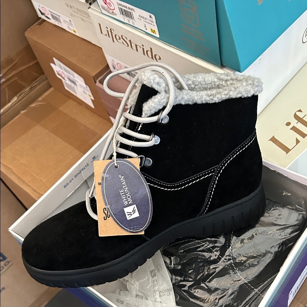 White Mountain Black Suede Boots with Faux Fur Trim